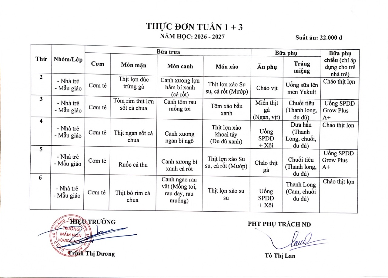 công khai thực đơn ăn của trẻ tại nhà trường tuần 1 tuần 3